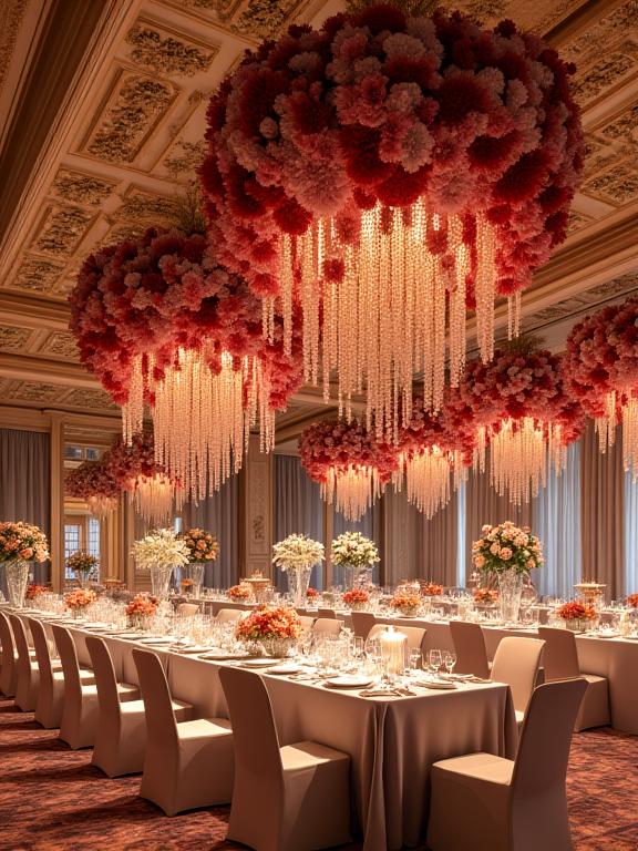ホテルのバンケットルームを彩る大規模なイベント装花