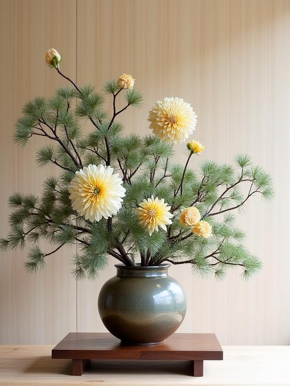 伝統的な生け花スタイルで生けられた松と菊のアレンジメント