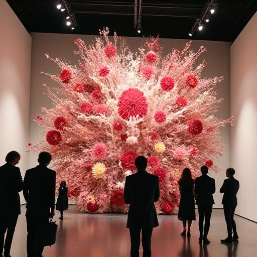 ギャラリーに展示されたダイナミックなフローラルアートインスタレーション