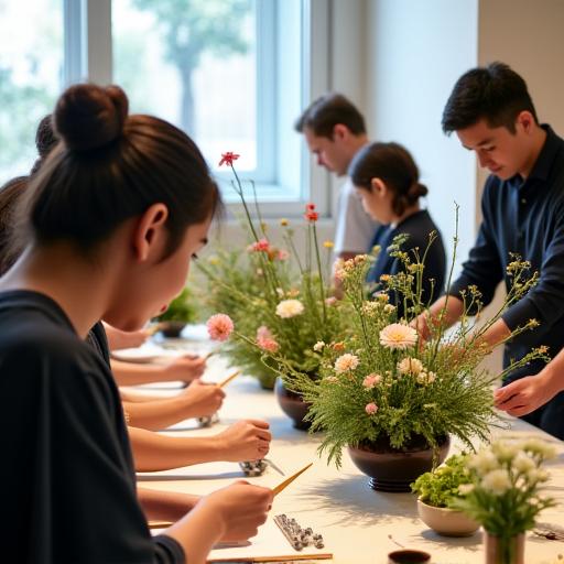 参加者が熱心に生け花を学ぶワークショップの風景